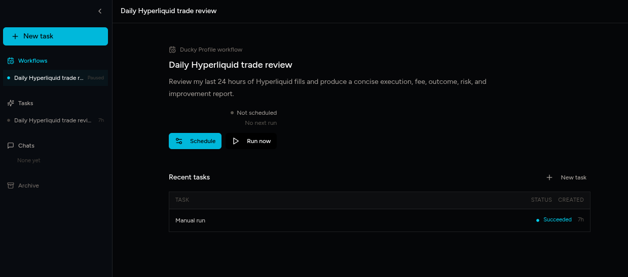 Daily Hyperliquid trade review workflow with scheduling and recent task history