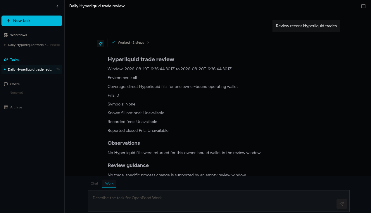 AI-generated Hyperliquid trade review shown in a Ducky Capital task